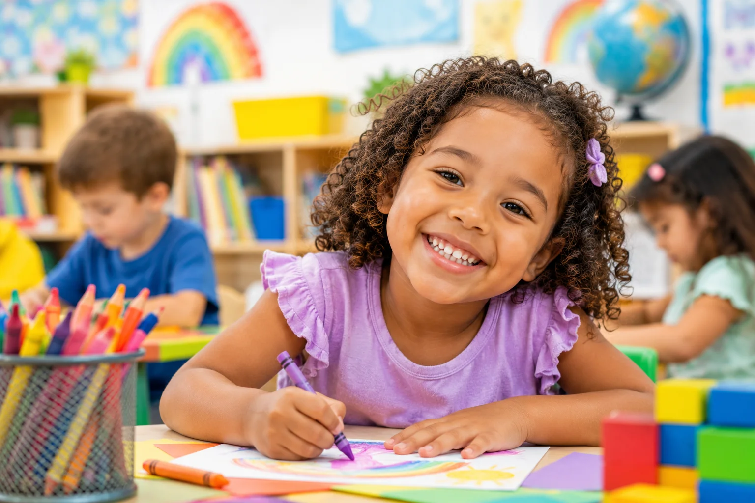 A joyful girl in a purple shirt colors at a table in a vibrant kindergarten classroom filled with art supplies and children.